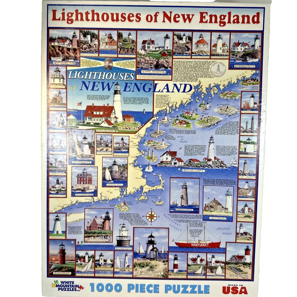 Lighthouses of New England White Mountain 1000 Piece Puzzle 24" x 30" COMPLETE